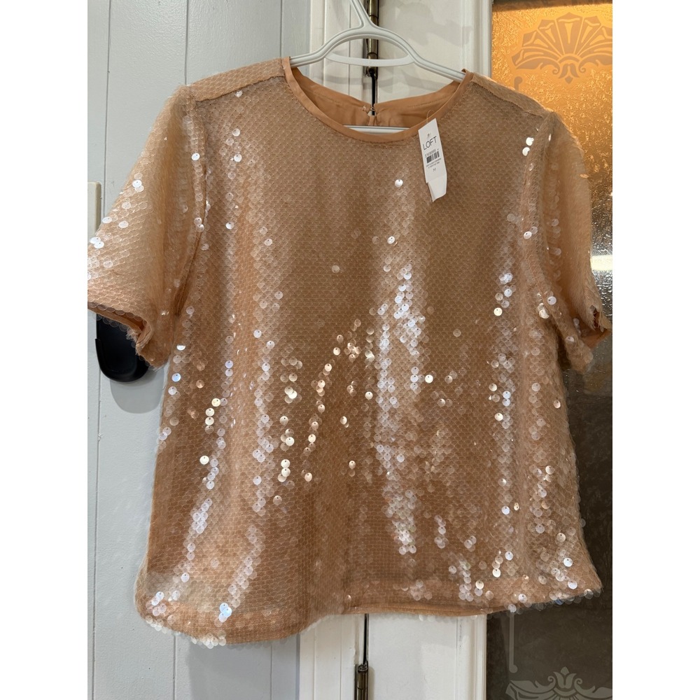Loft Sequin Short Sleeve Top Peach Apricot Mesh Overlay Blouse M NEW